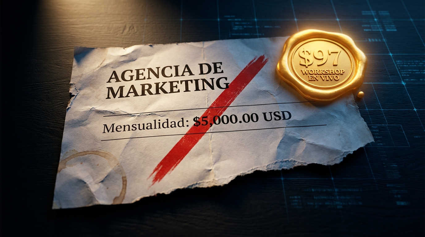 Factura de agencia de marketing por $5,000 al mes tachada con una equis roja, con un sello dorado de $97 Workshop en Vivo a la derecha.